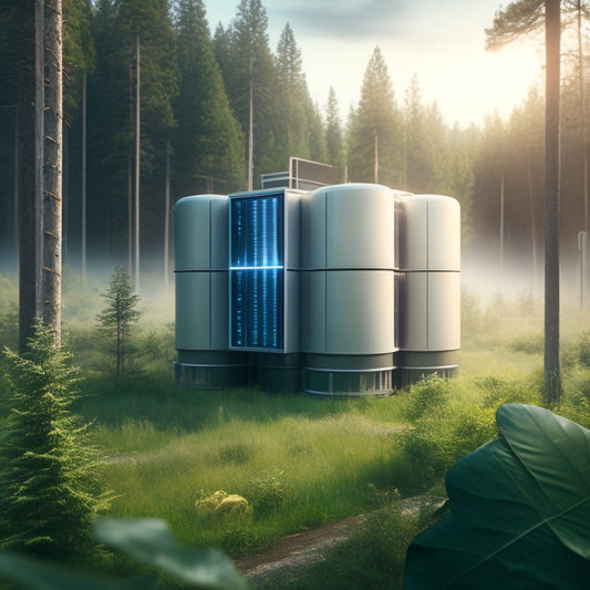 Illustrate a futuristic, modular energy hub in a remote wilderness setting, with sleek, silver panels and tubes, surrounded by lush greenery and a faint, glowing aura.