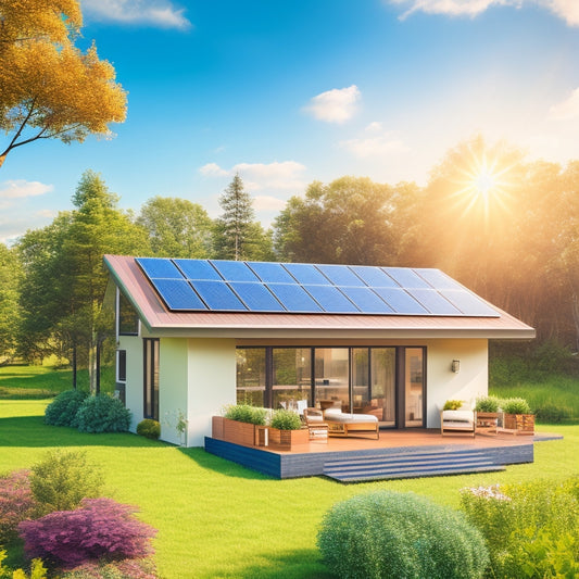 A photo of a modern, eco-friendly home with sleek solar panels installed on the roof, surrounded by lush greenery and a bright blue sky with a few fluffy white clouds.