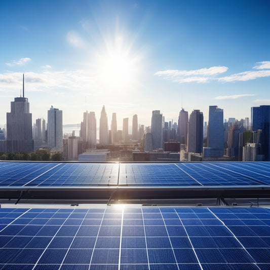 A serene urban rooftop with rows of sleek, black solar panels angled towards a bright blue sky with puffy white clouds, surrounded by city skyscrapers in the background.