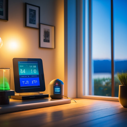 An illustration of a modern home with a tablet displaying a real-time energy usage graph, surrounded by glowing light bulbs, a thermostat, and a plug, set against a subtle green background.