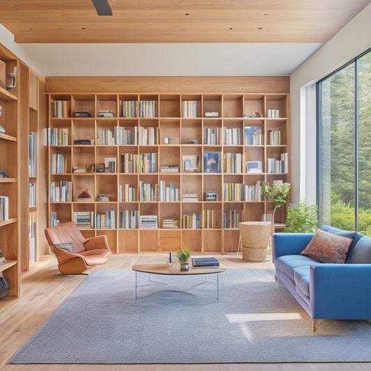 A bright, modern living room with a sleek, floor-to-ceiling solar-powered open bookcase room divider, made of reclaimed wood, separating a cozy reading nook from a minimalist seating area.