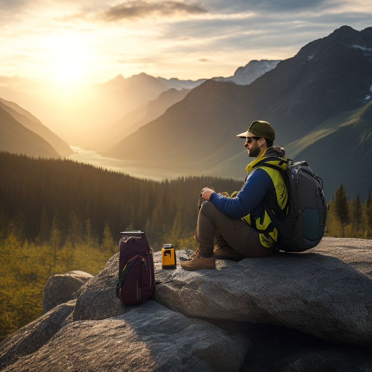 A serene outdoor scene: a person sitting on a rock, surrounded by mountains, with a solar panel unfolded beside them, connected to a phone, and a backpack with camping gear in the background.