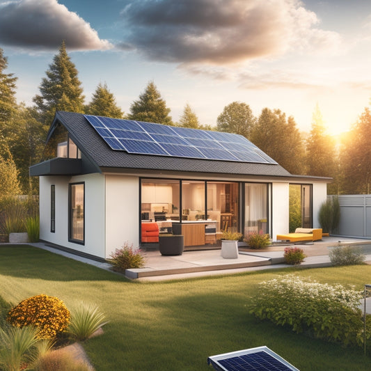 A photorealistic illustration of a modern home's backyard with a solar panel array on the roof, a storage battery unit in the corner, and a subtle grid of electric circuits in the background.