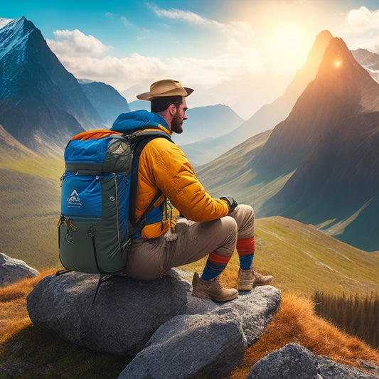 An illustration of a person in the wilderness, surrounded by a backpack, camping gear, and a portable energy system with solar panels, batteries, and cables, set against a scenic mountain landscape.
