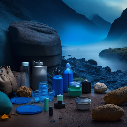 A dramatic, ominous background with a faint image of a natural disaster (e.g. hurricane, flood, wildfire) overlaid with a small, rugged portable water purifier in the foreground, surrounded by scattered water bottles.