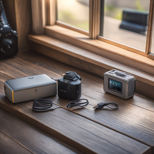 A sleek portable power supply sits on a wooden table, surrounded by a smartphone, tablet, laptop, camera, and drone, with charging cables elegantly organized, sunlight streaming through a nearby window.