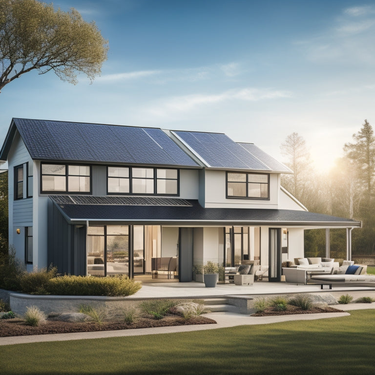 A serene suburban home with a sleek, modern roof, adorned with a series of shiny, black solar panels, set against a bright blue sky with a few wispy, white clouds.