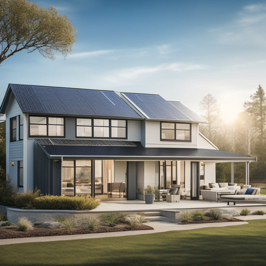 A serene suburban home with a sleek, modern roof, adorned with a series of shiny, black solar panels, set against a bright blue sky with a few wispy, white clouds.