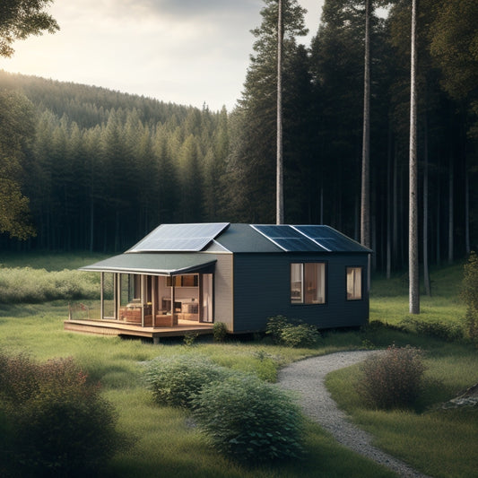 A serene off-grid cabin surrounded by lush greenery, with a sleek solar panel array on the roof, a wind turbine in the distance, and a battery bank visible through a window.