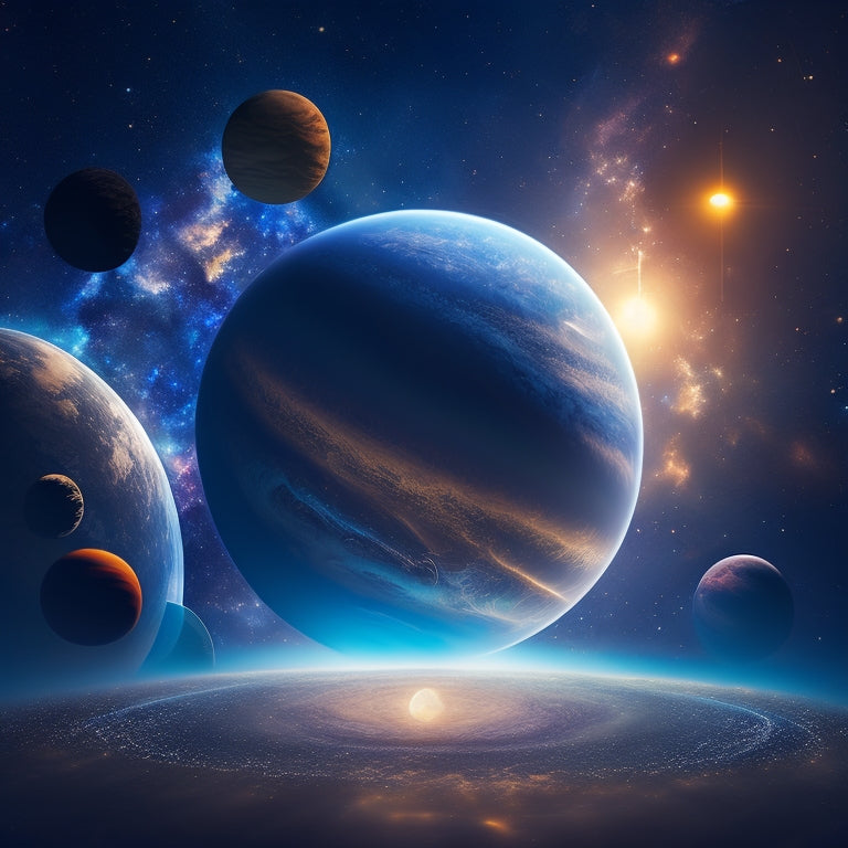 A stylized illustration of the Solar System, with each planet replaced by a battery of varying sizes, filled with glowing blue energy, set against a starry night sky with subtle nebulae.
