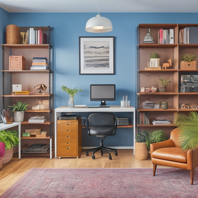 A clutter-free home office with a sleek desk, ergonomic chair, and a floor-to-ceiling shelving unit, featuring a visibly organized power system with colorful cables, a surge protector, and a compact UPS device.