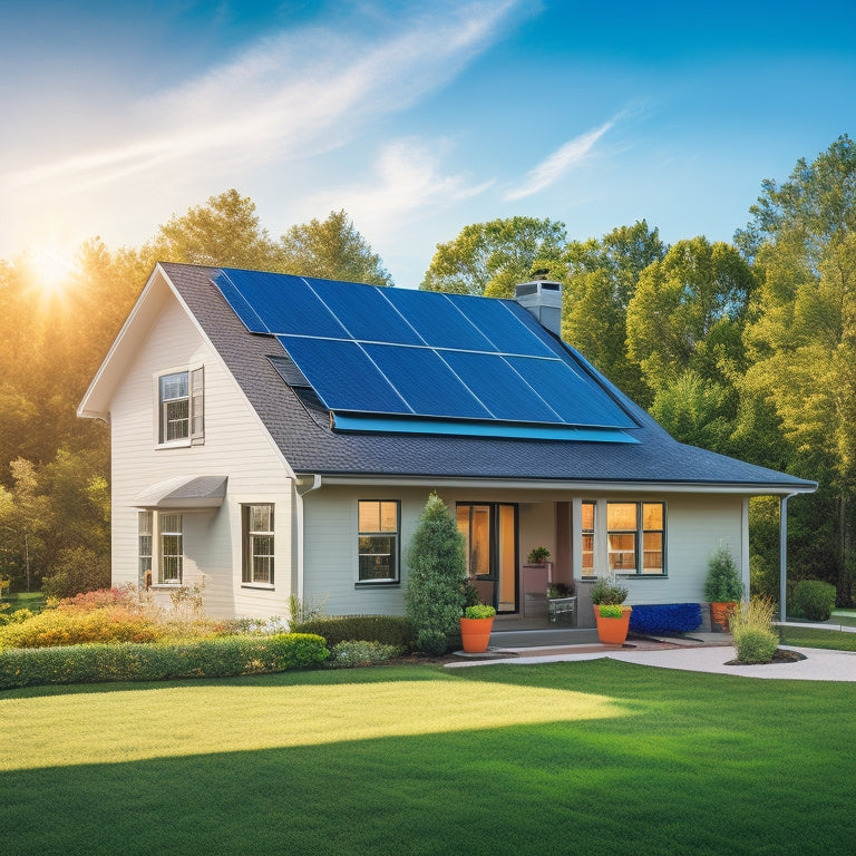 A serene suburban home with solar panels on the roof, a wind turbine in the backyard, and a battery storage system visible through a window, surrounded by lush greenery and a bright blue sky.
