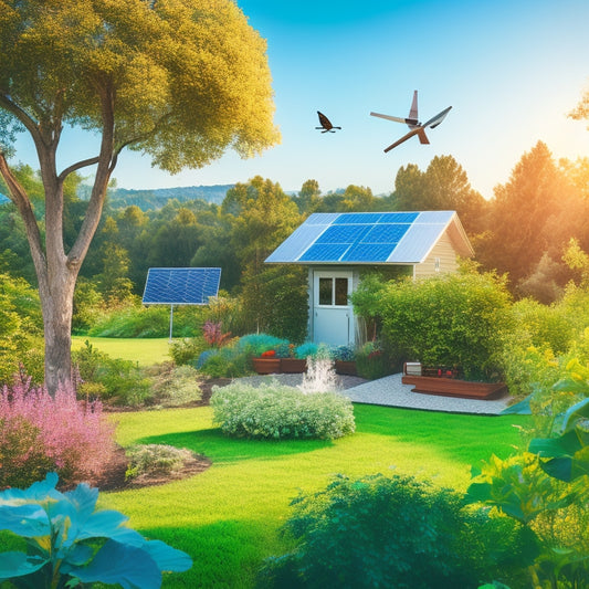 A serene backyard with a small, modern solar panel array, a compact wind turbine, and a vertical garden, surrounded by lush greenery and a few birds flying in the clear blue sky.