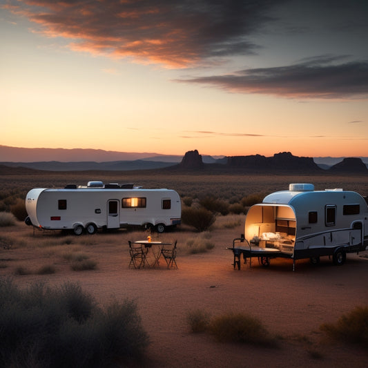 A serene off-grid campsite at dusk, featuring a sleek RV with solar panels on the roof, a wind turbine in the distance, and a battery bank visible through a window.