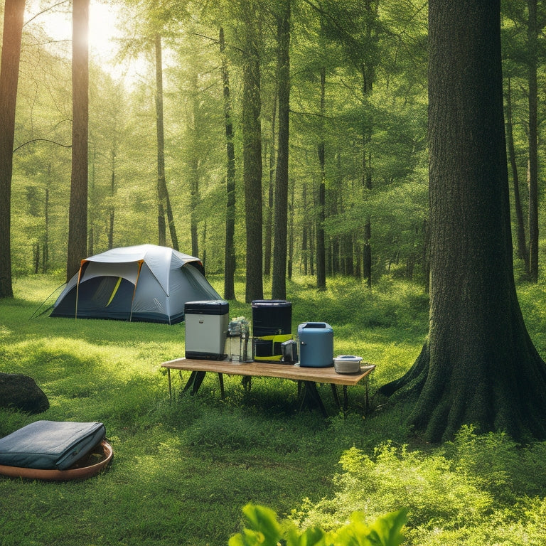 A serene off-grid campsite featuring a sleek mobile solar generator beside a cozy tent, surrounded by lush greenery and towering trees, with sunlight filtering through the leaves, and a portable charging station nearby.