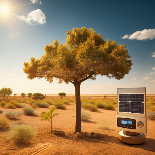 An illustration of a solar panel with heat waves rising, dust particles accumulating, and a tree's shadow cast upon it, surrounded by gauges and meters showing temperature, humidity, and angle metrics.