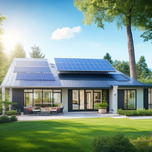 A serene suburban home with a sloping roof, covered in sleek black solar panels, surrounded by lush greenery and a bright blue sky with a few puffy white clouds.