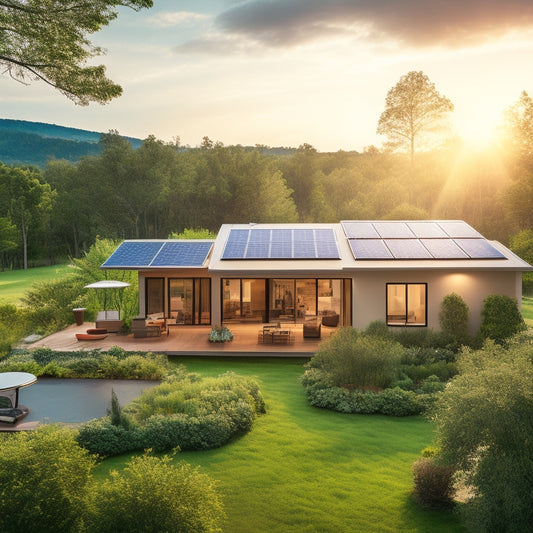 A serene landscape with a contemporary, eco-friendly home in the center, surrounded by lush greenery, with a prominent solar panel array on the roof, radiating warmth and freedom.