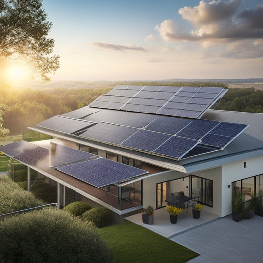 A photorealistic illustration of a modern residential rooftop with a sleek solar panel system installed, featuring 12-15 panels, a silver inverter, and a monitoring system display.