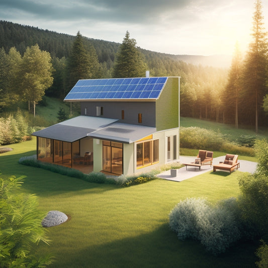 An illustration of a modern, eco-friendly home with visible solar panels, a wind turbine, and a geothermal system, surrounded by lush greenery and a subtle grid of energy-efficient appliances.
