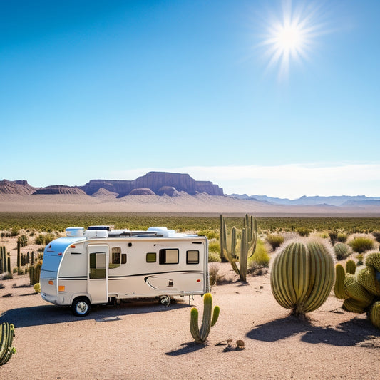 A serene desert landscape with a parked RV, its roof adorned with sleek solar panels, connected to a battery bank with visible wires, amidst a backdrop of clear blue sky and vibrant green cacti.