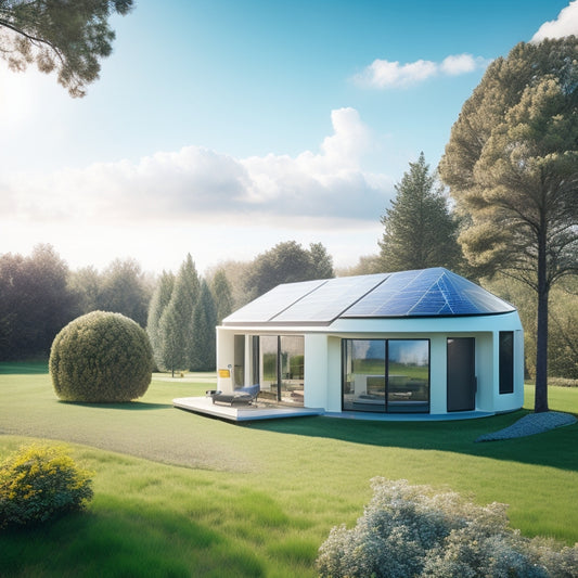 A futuristic home with solar panels on the roof, a wind turbine in the backyard, and a sleek, modern battery storage unit visible through a large window, amidst a lush green landscape.