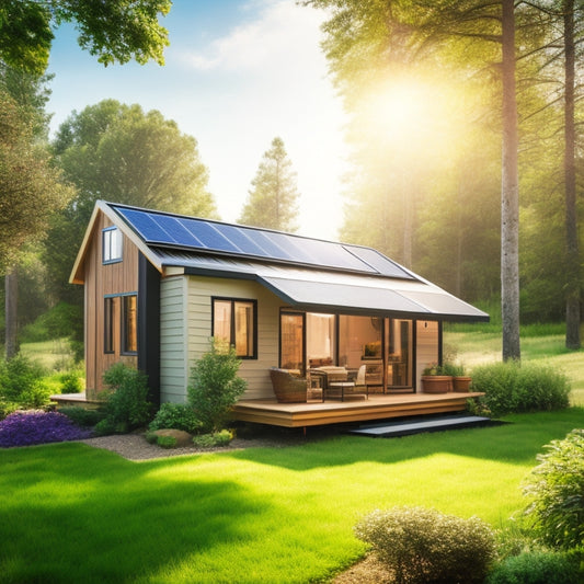 A serene, sunny landscape featuring a tiny house with a sloping roof, surrounded by lush greenery, with a solar panel array on the roof and a small, sleek inverter box on the exterior wall.