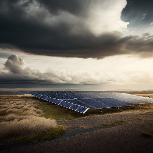 A dramatic illustration of a solar panel array amidst a turbulent, windy landscape: panels slightly angled, some leaning, and a few lifted off their mounts, with swirling clouds and debris in the background.