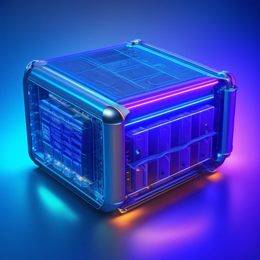 A futuristic, high-tech illustration of a sleek, silver battery pack surrounded by orbiting electrons, with glowing blue circuits and wires, set against a dark, gradient blue background.