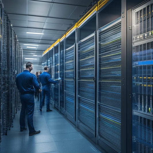 A modern, sleek, and well-organized server room with rows of identical metal racks, each filled with glowing computer servers, cables neatly organized, and a few technicians in the background, blurred, working on equipment.