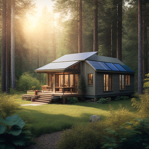 A serene off-grid cabin surrounded by lush greenery, with a sleek solar array on the roof, a battery bank on the exterior wall, and a few panels angled on the ground.