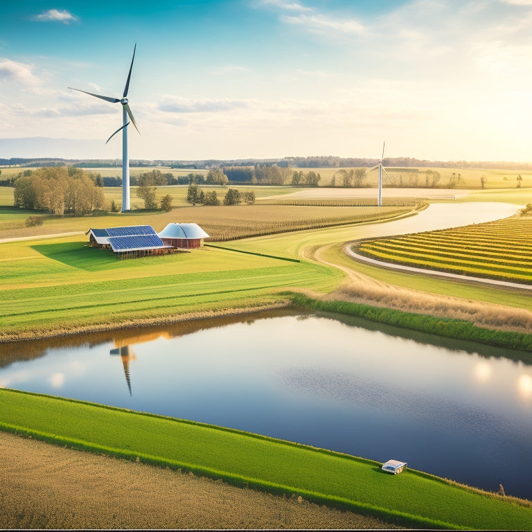 A serene landscape depicting a solar-powered farm with wind turbines in the background, amidst lush green fields, and a small pond with a windmill-powered irrigation system.