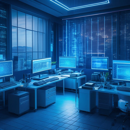 A futuristic, high-tech illustration of a small business office with various devices and machinery powered by sleek, modern inverters, surrounded by glowing blue circuits and energy-efficient lighting.