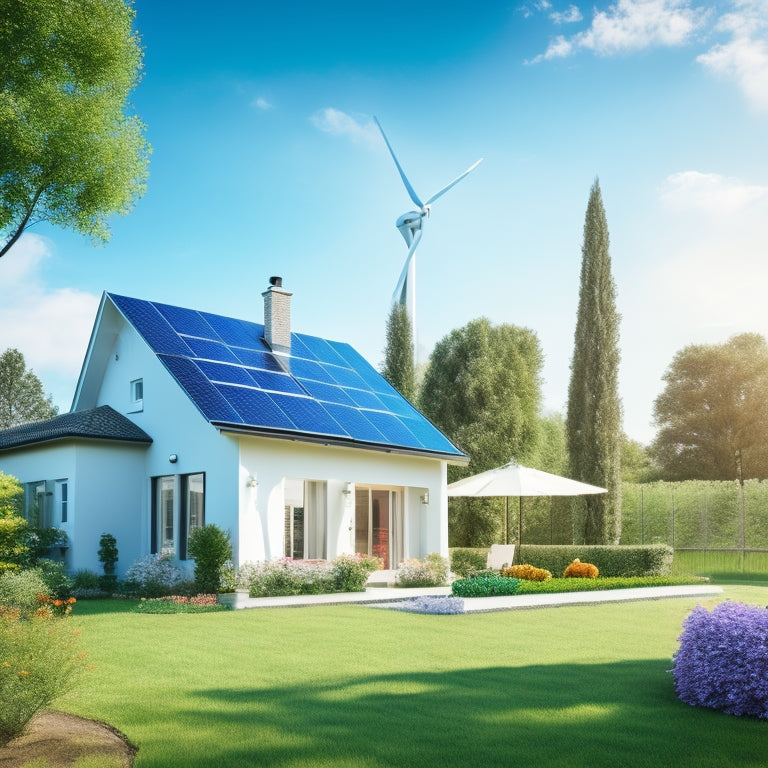 A serene, modern home with solar panels on the roof, a wind turbine in the background, and a lush green garden, surrounded by a white picket fence, under a bright blue sky with fluffy white clouds.
