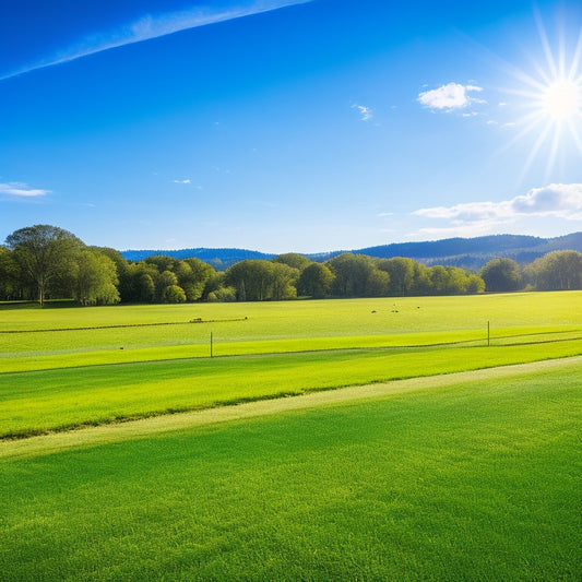 A sunlit, open field with vibrant green grass, showcasing a sleek solar ground mount system. Surrounded by gentle hills and a clear blue sky, with distant trees providing a natural backdrop.