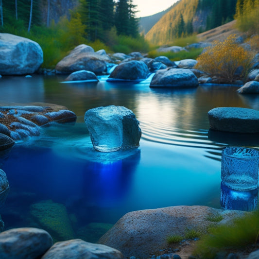 A serene scene showcasing diverse water sources: a clear mountain stream, a murky pond, and a glass of tap water, surrounded by UV purification devices emitting soft blue light, highlighting the contrast in water clarity.