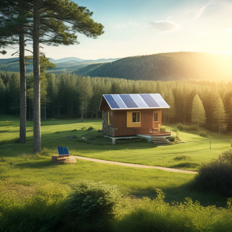 A serene, sun-drenched landscape with a small, eco-friendly cabin in the distance, surrounded by a few solar panels, a wind turbine, and a battery bank, amidst lush greenery and a few trees.