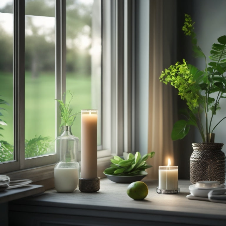 A serene, eco-friendly home interior with a few lit candles, a vase with fresh greenery, and a window with open curtains, revealing a sunny day, surrounded by subtle hints of energy-efficient appliances.