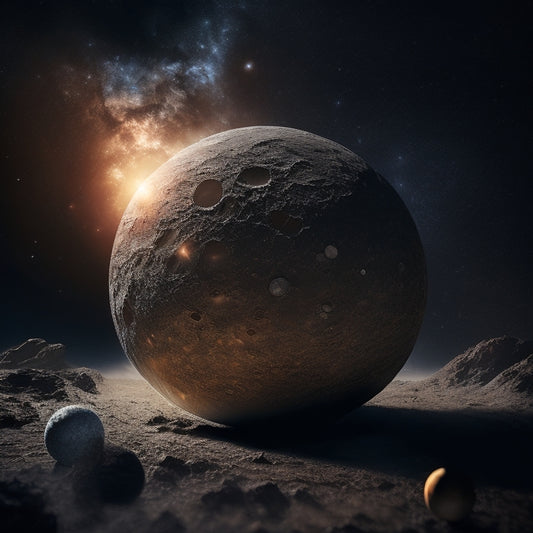 A distressed, worn-out solar system with faded, cracked planets, a dim, flickering sun, and a broken, tangled asteroid belt, surrounded by a dark, starless space.
