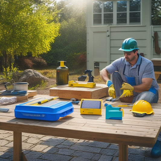 A sunny backyard with a person in a yellow hard hat and blue gloves assembling a DIY solar panel kit, surrounded by tools and instruction manuals on a wooden workbench.