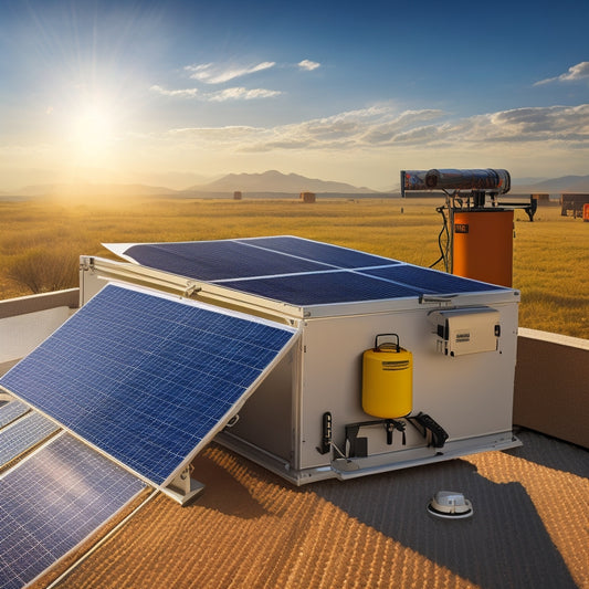 An illustration of a solar panel mounted on a rooftop, with various testing equipment surrounding it, including a weathering chamber, a hail impact tester, and a thermal cycling apparatus.