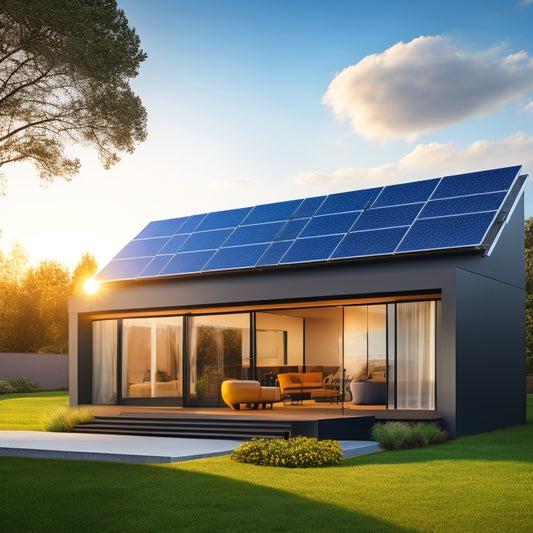 A futuristic solar battery storage system in a modern home, showcasing sleek design, surrounded by solar panels on the roof. Include vibrant sunlight, energy flow graphics, and a digital display indicating energy savings.