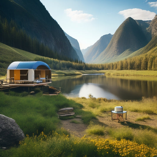 A serene off-grid campsite featuring a solar panel, a portable wind turbine, and a compact hydro generator, surrounded by lush greenery, mountains in the background, and a tranquil river flowing nearby.