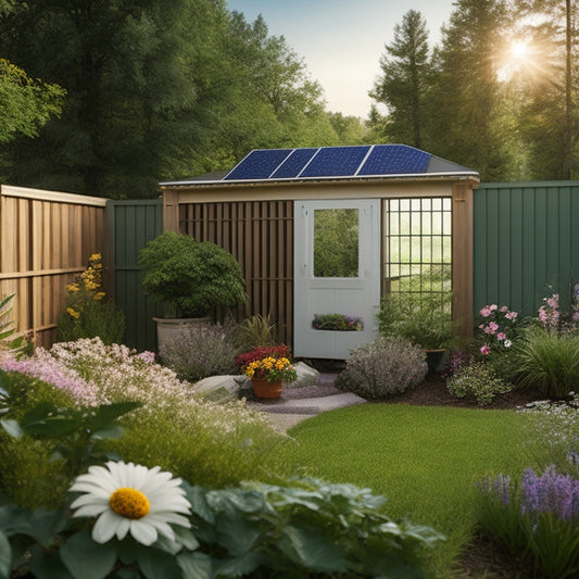 A serene backyard scene with a solar panel array on a wooden fence, powering a sleek metal shelving unit adorned with lush greenery and vibrant flowers, amidst a tranquil natural setting.