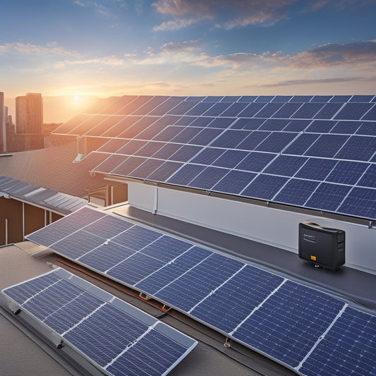 Illustrate a comprehensive solar power system with a sleek, modern solar panel array on a rooftop, connected to a shiny, metallic inverter, a sleek charge controller, and a set of batteries.