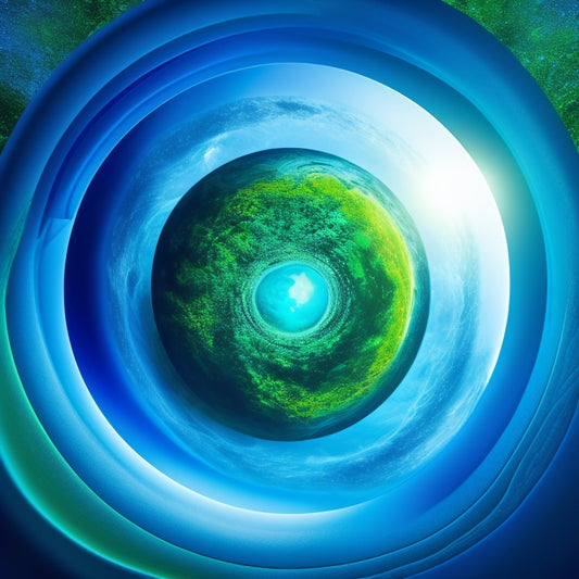 A bright blue background with a green Earth at its center, surrounded by swirling lines of light blue and white, evoking a sense of innovation and eco-friendliness.