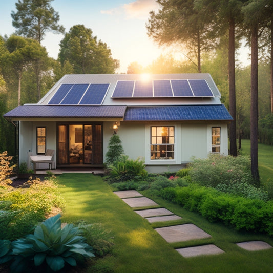 A serene backyard with a small, modern house, surrounded by lush greenery, featuring a DIY solar panel system mounted on the roof, with a few panels angled towards the sun.