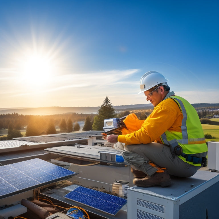 A technician in a hard hat and vest, installing a battery storage system, with tools and components laid out around them, amidst a backdrop of solar panels and a residential setting.