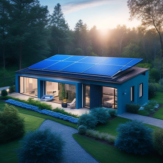 A serene, modern home with solar panels on the roof, surrounded by lush greenery, with a subtle, glowing blue circuitry pattern overlay on the walls and windows, symbolizing energy independence.