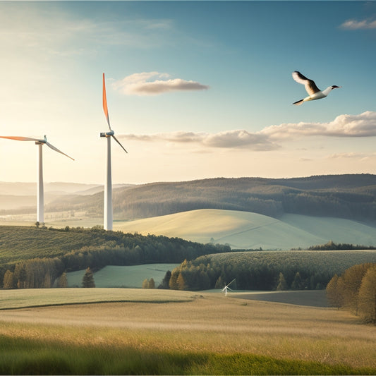 A serene landscape featuring towering wind turbines on rolling hills, with birds soaring gracefully around the blades, a lush green meadow below, and a distant forest, illustrating the balance between renewable energy and wildlife.